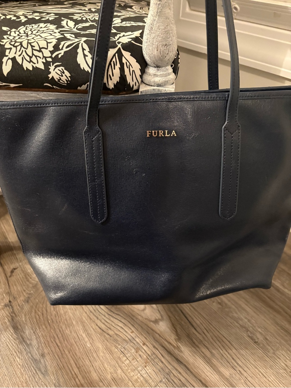 Furla Navy Leather Tote with Gold Logo